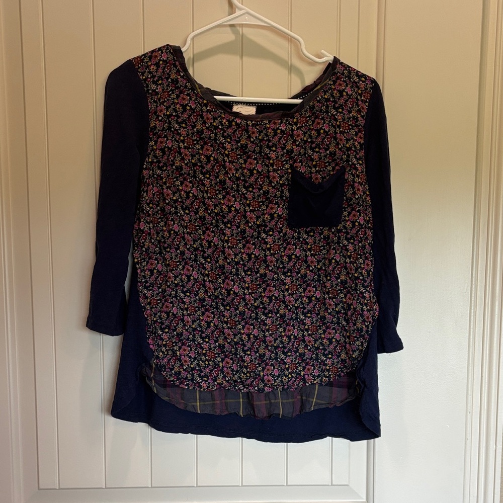 Madewell Navy Floral Blouse with Plaid Detail
